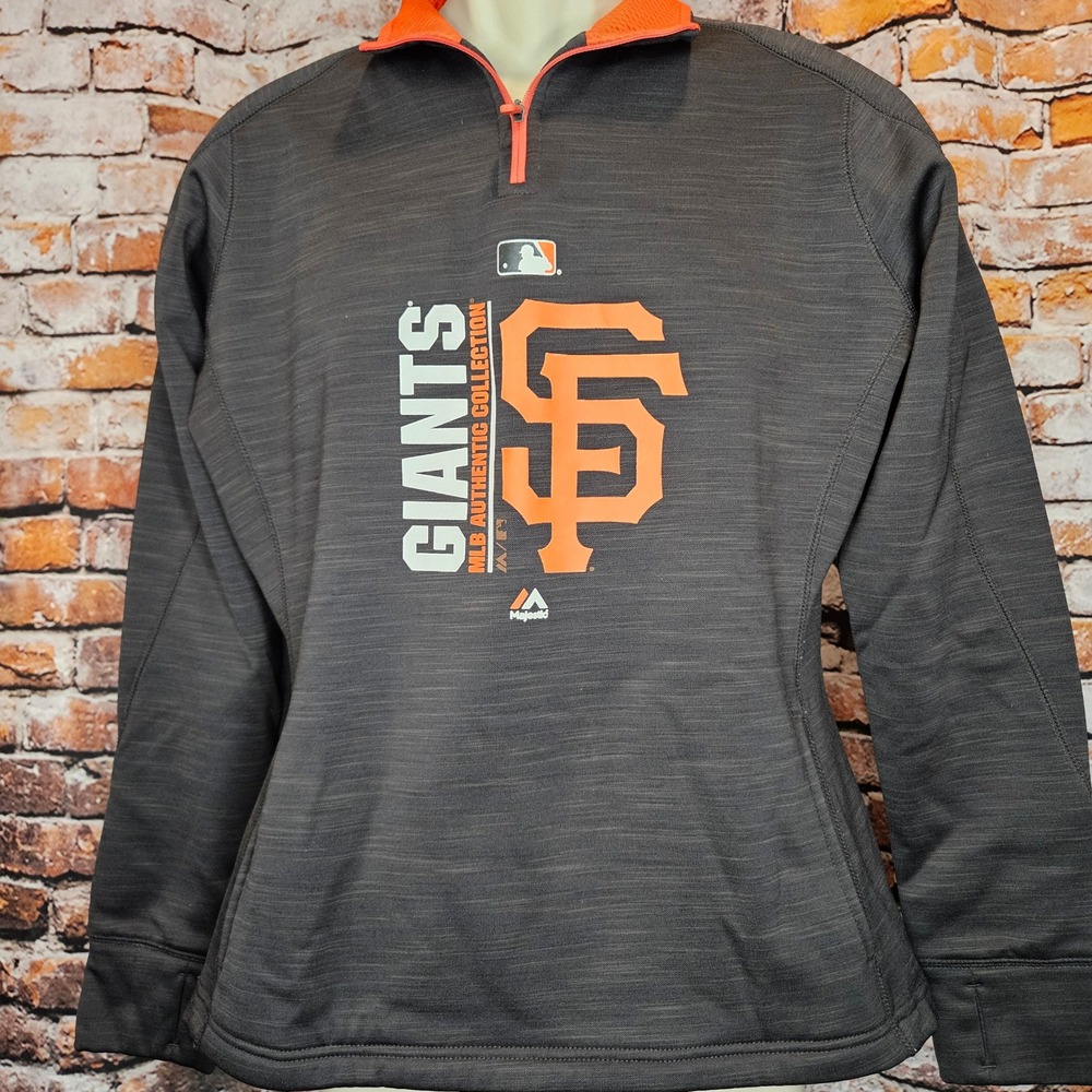 Majestic San Francisco Giants MLB Quarter Zip Fleece Pullover Grey Orange Large